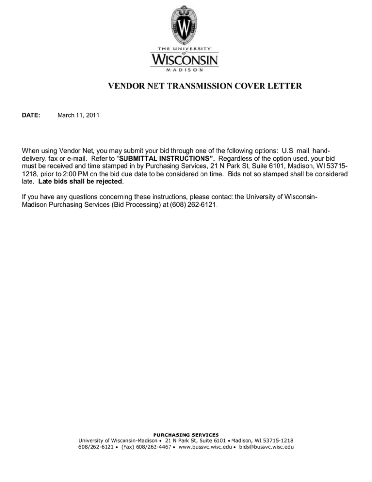 VENDOR NET TRANSMISSION COVER LETTER VENDOR NET TRANSMISSION COVER LETTER