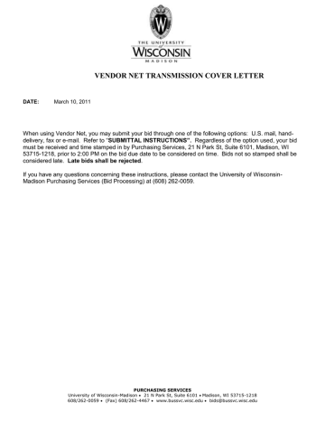 VENDOR NET TRANSMISSION COVER LETTER VENDOR NET TRANSMISSION COVER LETTER
