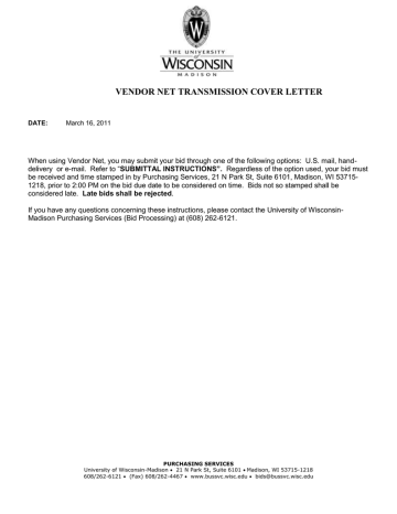VENDOR NET TRANSMISSION COVER LETTER VENDOR NET TRANSMISSION COVER LETTER