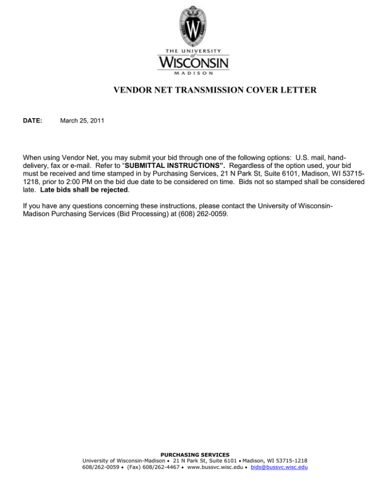 VENDOR NET TRANSMISSION COVER LETTER VENDOR NET TRANSMISSION COVER LETTER