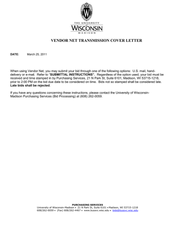 VENDOR NET TRANSMISSION COVER LETTER VENDOR NET TRANSMISSION COVER LETTER