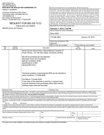 BIDS MUST BE SEALED AND ADDRESSED TO: State of Wisconsin DOA-3070 (R08/2003) BIDS MUST BE SEALED AND ADDRESSED TO: State of Wisconsin DOA-3070 (R08/2003)