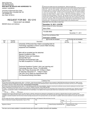 BIDS MUST BE SEALED AND ADDRESSED TO: State of Wisconsin DOA-3070 (R08/2003) BIDS MUST BE SEALED AND ADDRESSED TO: State of Wisconsin DOA-3070 (R08/2003)