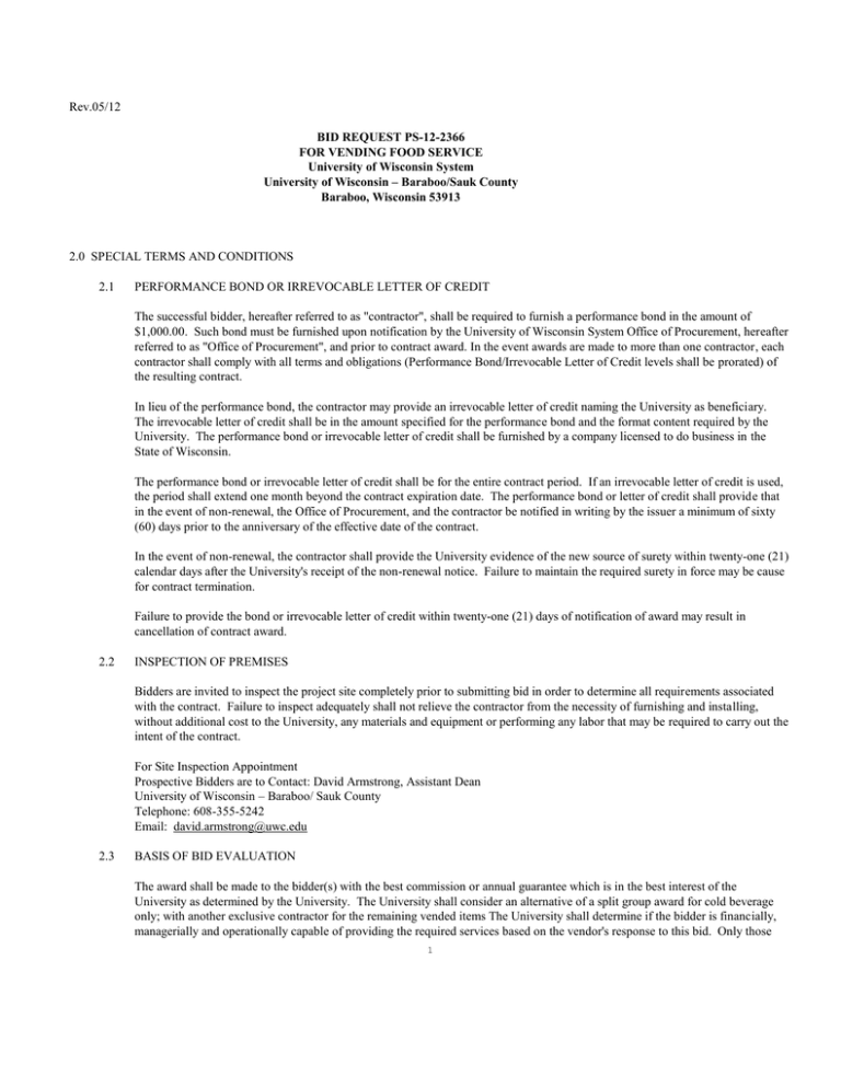 Rev.05/12 BID REQUEST PS-12-2366 FOR VENDING FOOD SERVICE Rev.05/12 BID REQUEST PS-12-2366 FOR VENDING FOOD SERVICE