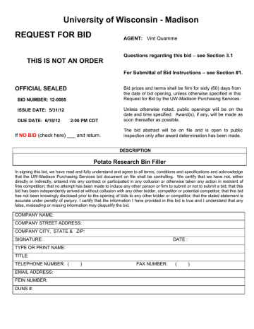 University of Wisconsin - Madison REQUEST FOR BID University of Wisconsin - Madison REQUEST FOR BID