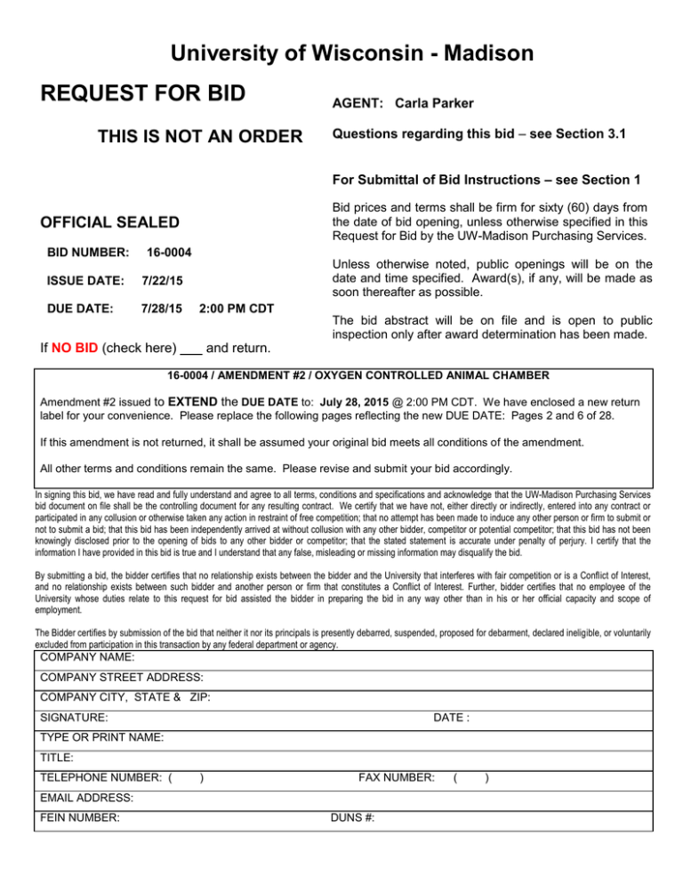 University of Wisconsin - Madison REQUEST FOR BID University of Wisconsin - Madison REQUEST FOR BID