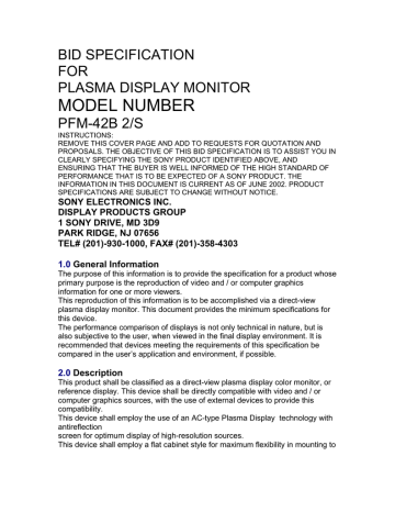 MODEL NUMBER BID SPECIFICATION FOR PLASMA DISPLAY MONITOR MODEL NUMBER BID SPECIFICATION FOR PLASMA DISPLAY MONITOR