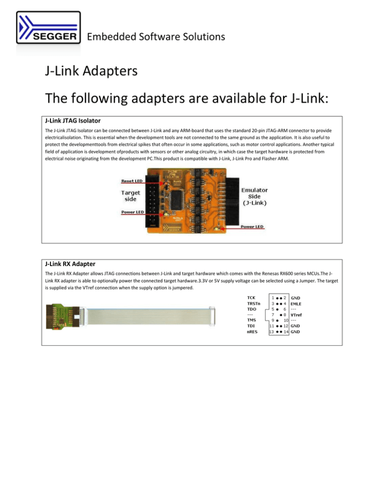 J-Link Adapters The following adapters are available for J-Link: Embedded Software Solutions J-Link Adapters The following adapters are available for J-Link: Embedded Software Solutions