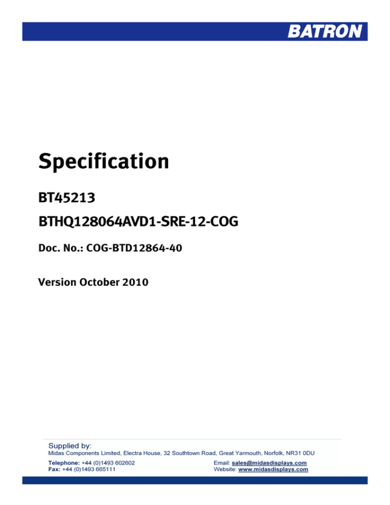 Specification BT45213 BTHQ128064AVD1-SRE-12-COG Doc. No.: COG-BTD12864-40 Specification BT45213 BTHQ128064AVD1-SRE-12-COG Doc. No.: COG-BTD12864-40