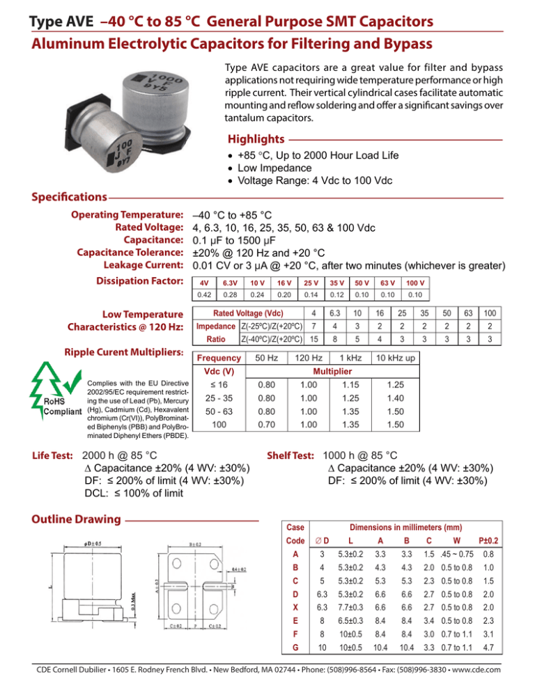 Type AVE Aluminum Electrolytic Capacitors for Filtering and Bypass Type AVE Aluminum Electrolytic Capacitors for Filtering and Bypass