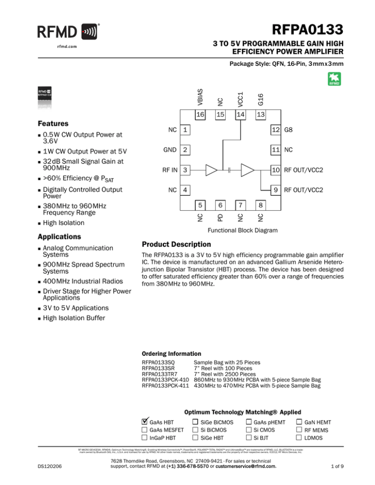 RFPA0133 3 TO 5V PROGRAMMABLE GAIN HIGH EFFICIENCY POWER AMPLIFIER Features RFPA0133 3 TO 5V PROGRAMMABLE GAIN HIGH EFFICIENCY POWER AMPLIFIER Features