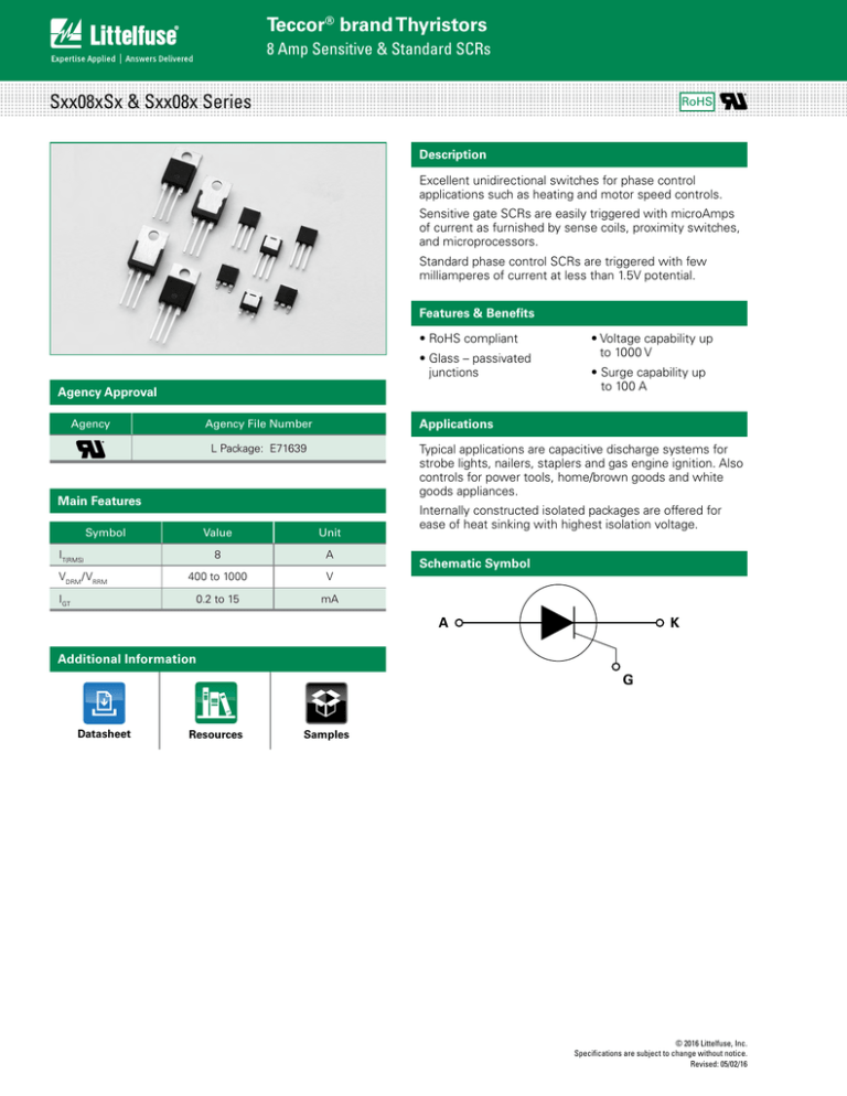 Teccor brand Thyristors Sxx08xSx & Sxx08x Series 8 Amp Sensitive & Standard SCRs Teccor brand Thyristors Sxx08xSx & Sxx08x Series 8 Amp Sensitive & Standard SCRs