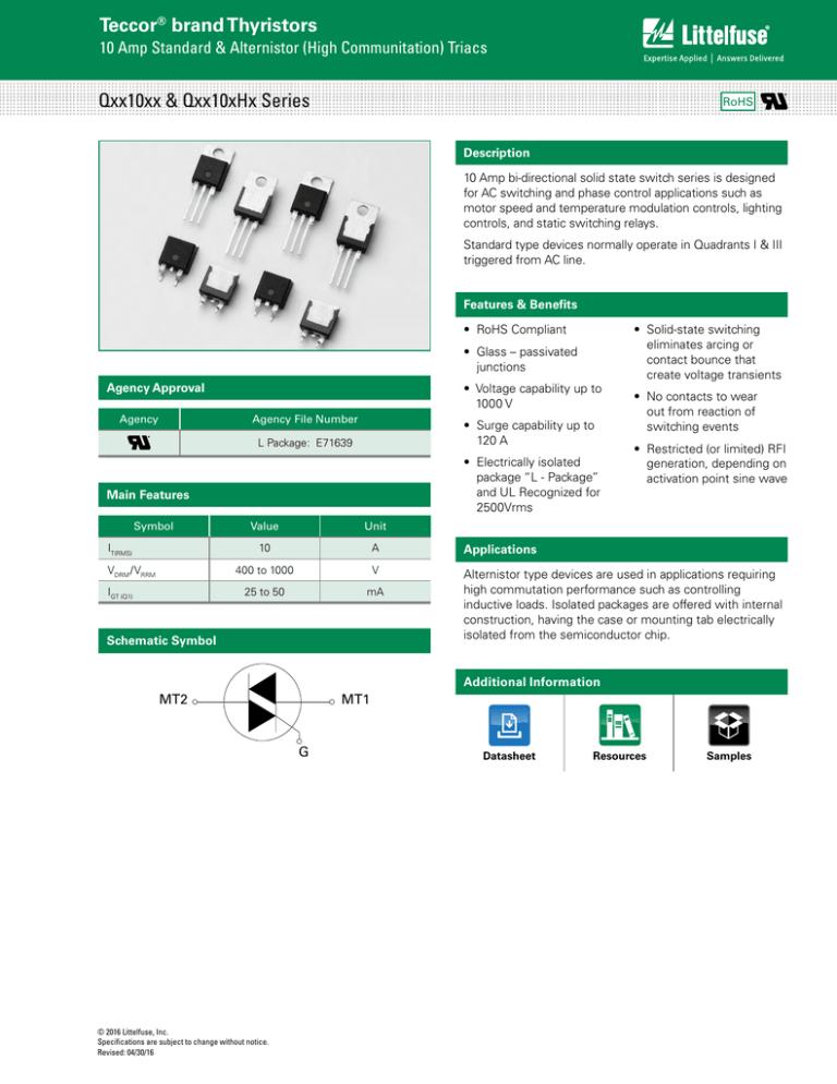 Teccor brand Thyristors Qxx10xx & Qxx10xHx Series Teccor brand Thyristors Qxx10xx & Qxx10xHx Series