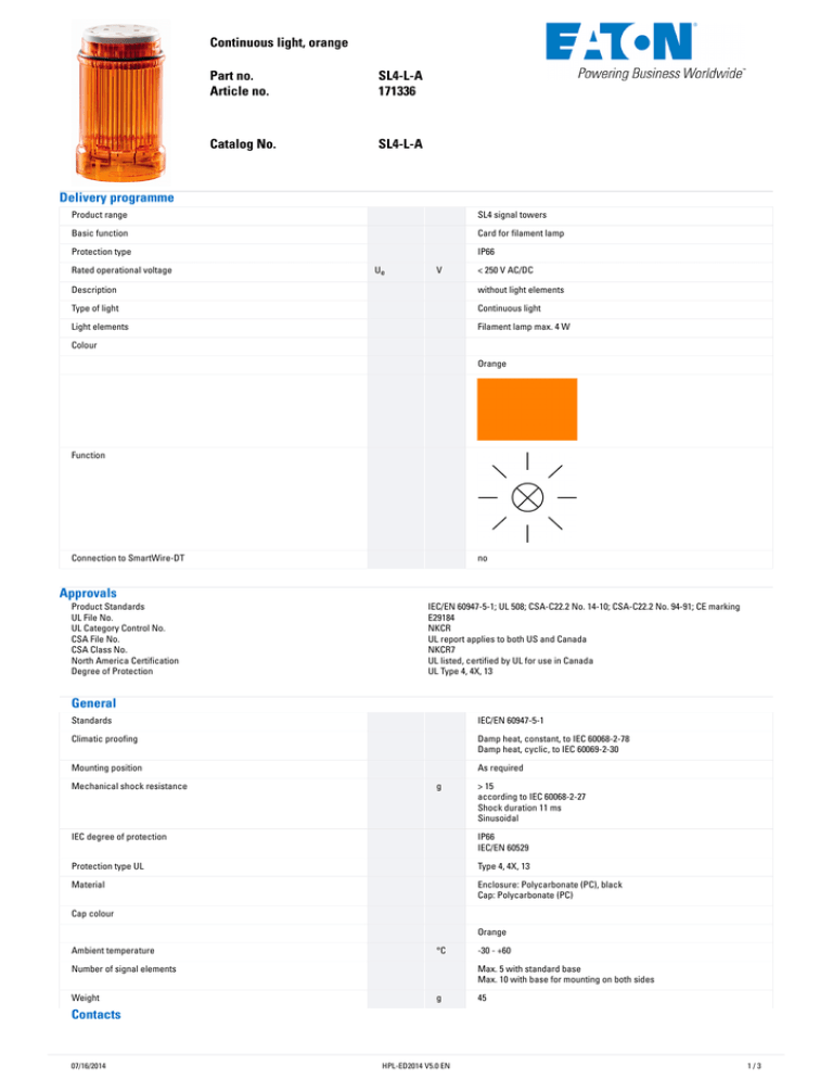 Continuous�light,�orange Part�no. SL4-L-A Article�no. Continuous�light,�orange Part�no. SL4-L-A Article�no.