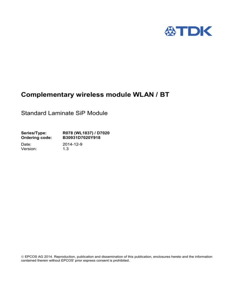 Complementary wireless module WLAN / BT Standard Laminate SiP Module Series/Type: Complementary wireless module WLAN / BT Standard Laminate SiP Module Series/Type: