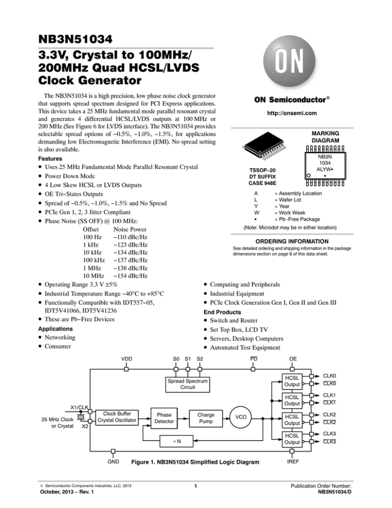NB3N51034 3.3V, Crystal to 100MHz/ 200MHz Quad HCSL/LVDS Clock Generator NB3N51034 3.3V, Crystal to 100MHz/ 200MHz Quad HCSL/LVDS Clock Generator