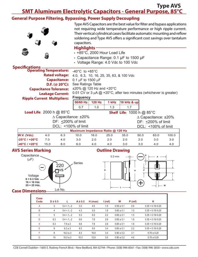 SMT Type AVS General Purpose Filtering, Bypassing, Power Supply Decoupling SMT Type AVS General Purpose Filtering, Bypassing, Power Supply Decoupling