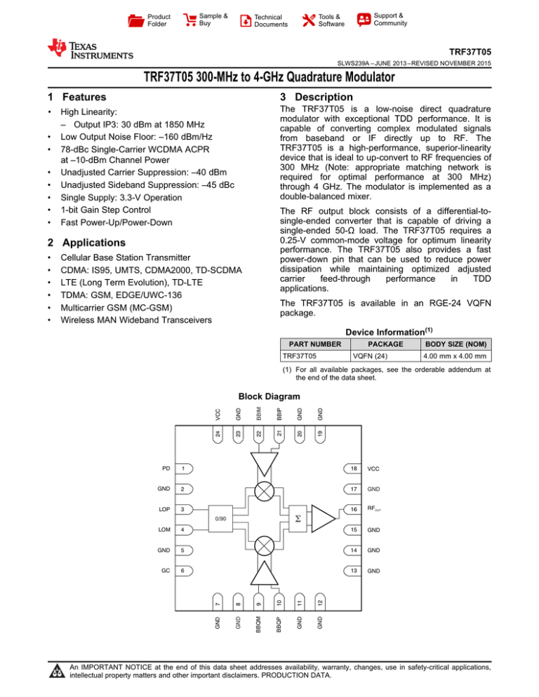 TRF37T05 300-MHz to 4-GHz Quadrature Modulator 1 Features 3 Description TRF37T05 300-MHz to 4-GHz Quadrature Modulator 1 Features 3 Description