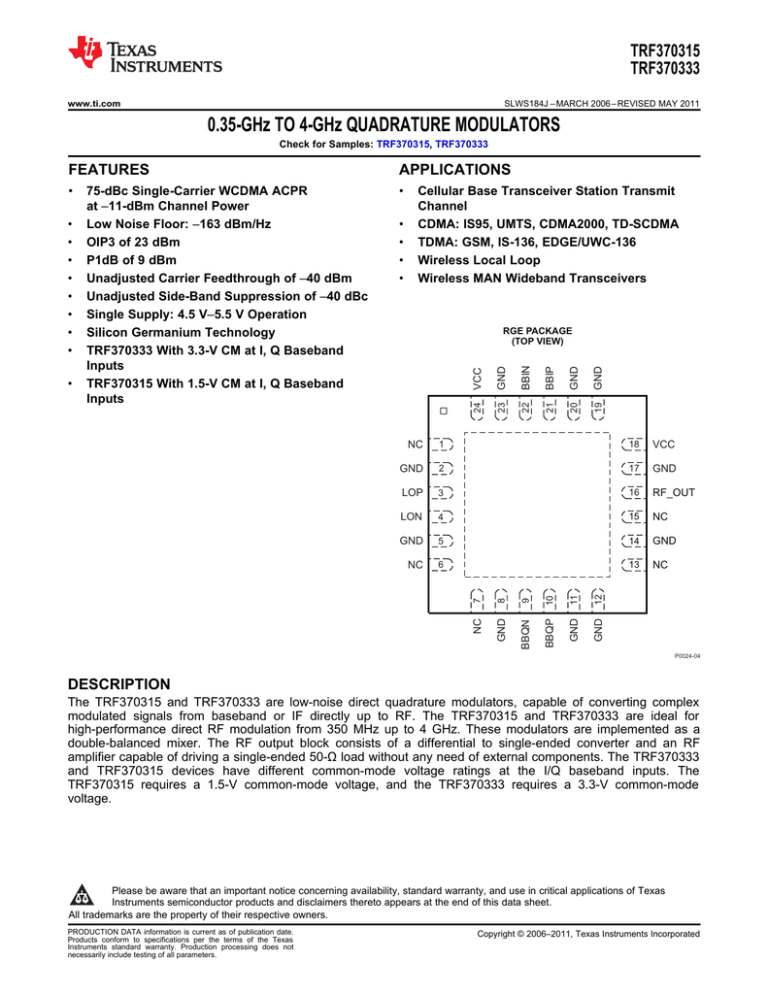 0.35-GHz TO 4-GHz QUADRATURE MODULATORS TRF370315 TRF370333 FEATURES 0.35-GHz TO 4-GHz QUADRATURE MODULATORS TRF370315 TRF370333 FEATURES