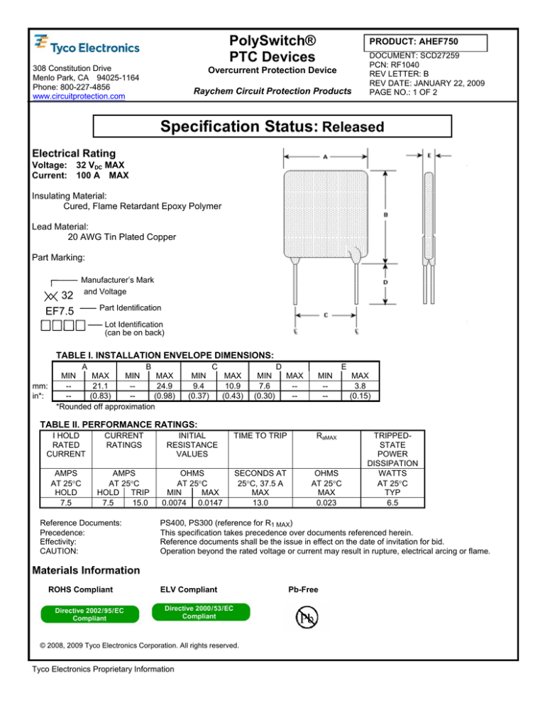 PolySwitch® PTC Devices PolySwitch® PTC Devices