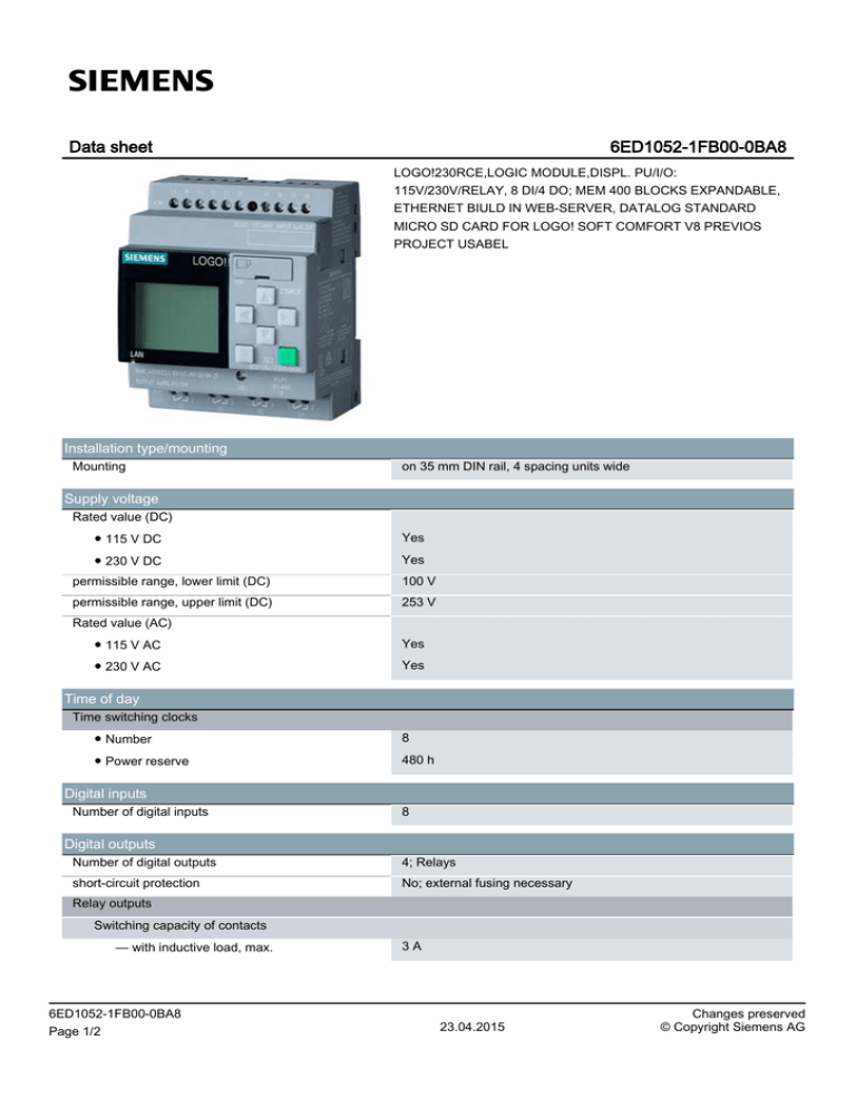 Data sheet 6ED1052-1FB00-0BA8 Data sheet 6ED1052-1FB00-0BA8