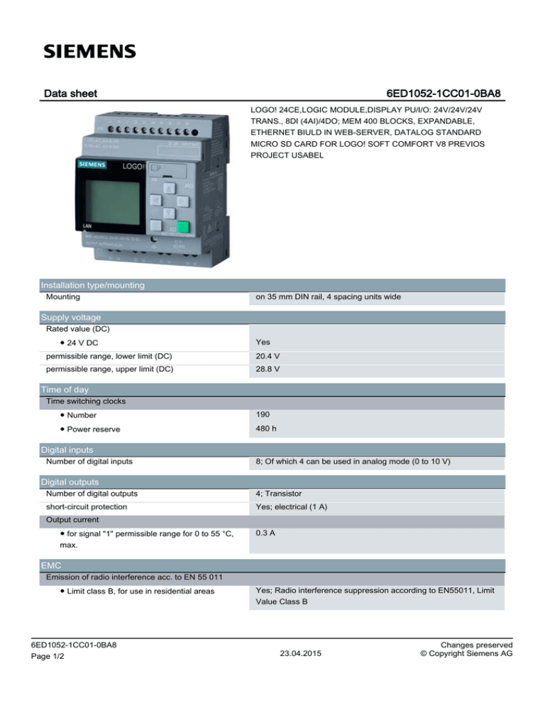 Data sheet 6ED1052-1CC01-0BA8 Data sheet 6ED1052-1CC01-0BA8