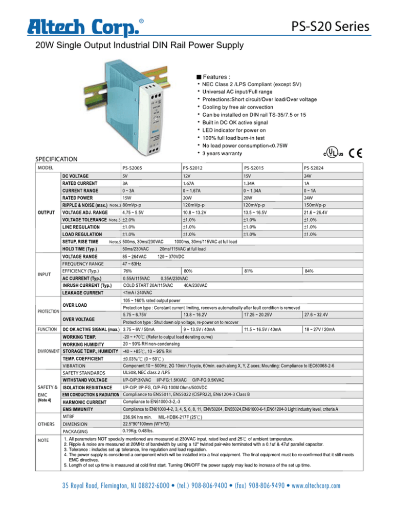 PS-S20 Series 20W Single Output Industrial DIN Rail Power Supply SPECIFICATION PS-S20 Series 20W Single Output Industrial DIN Rail Power Supply SPECIFICATION