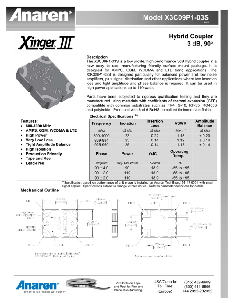 Model X3C09P1-03S Hybrid Coupler 3 dB, 90 Model X3C09P1-03S Hybrid Coupler 3 dB, 90