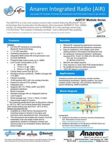 Anaren Integrated Radio (AIR) A20737 Module Series Anaren Integrated Radio (AIR) A20737 Module Series