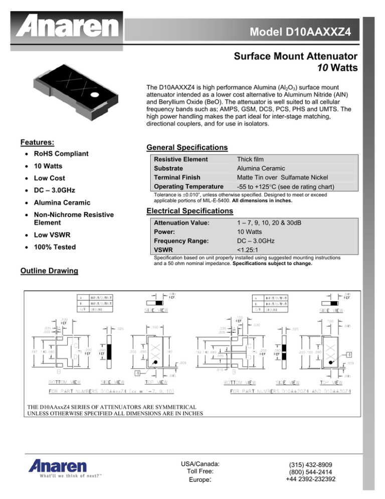 Model D10AAXXZ4 Surface Mount Attenuator 10 Model D10AAXXZ4 Surface Mount Attenuator 10