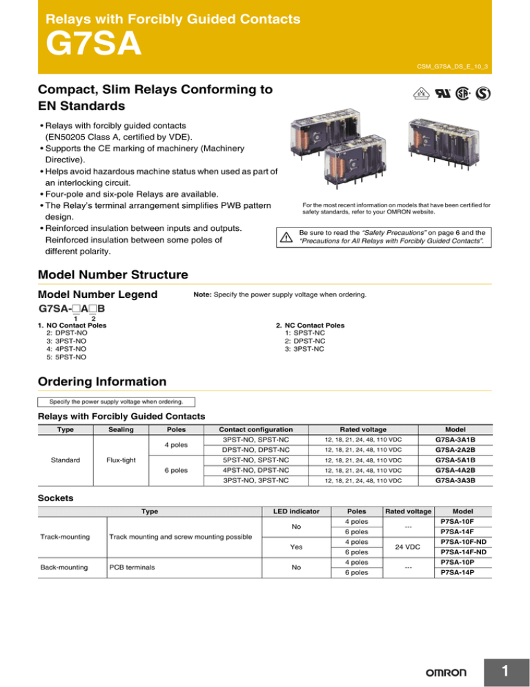 G7SA Relays with Forcibly Guided Contacts Compact, Slim Relays Conforming to EN Standards G7SA Relays with Forcibly Guided Contacts Compact, Slim Relays Conforming to EN Standards