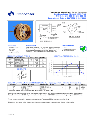 First Sensor APD Hybrid Series Data Sheet Part Description AD230-9-400M-TO5 | Manualzz