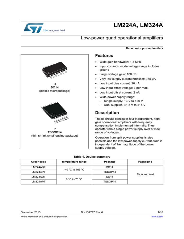 LM224A, LM324A Low-power quad operational amplifiers Features - LM224A, LM324A Low-power quad operational amplifiers Features -