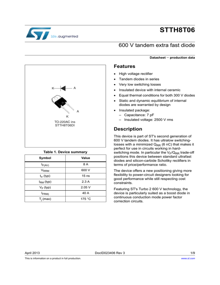 STTH8T06 600 V tandem extra fast diode Features STTH8T06 600 V tandem extra fast diode Features 