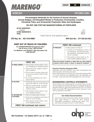 MARENGO HERBICIDE SPECIMEN LABEL GROUP MARENGO HERBICIDE SPECIMEN LABEL GROUP