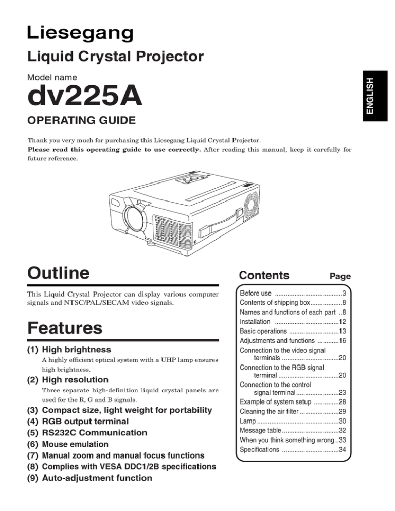 dv225A Outline Liquid Crystal Projector OPERATING GUIDE dv225A Outline Liquid Crystal Projector OPERATING GUIDE