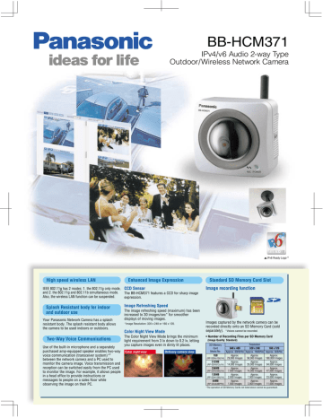 BB-HCM371 IPv4/v6 Audio 2-way Type Outdoor/Wireless Network Camera High speed wireless LAN BB-HCM371 IPv4/v6 Audio 2-way Type Outdoor/Wireless Network Camera High speed wireless LAN