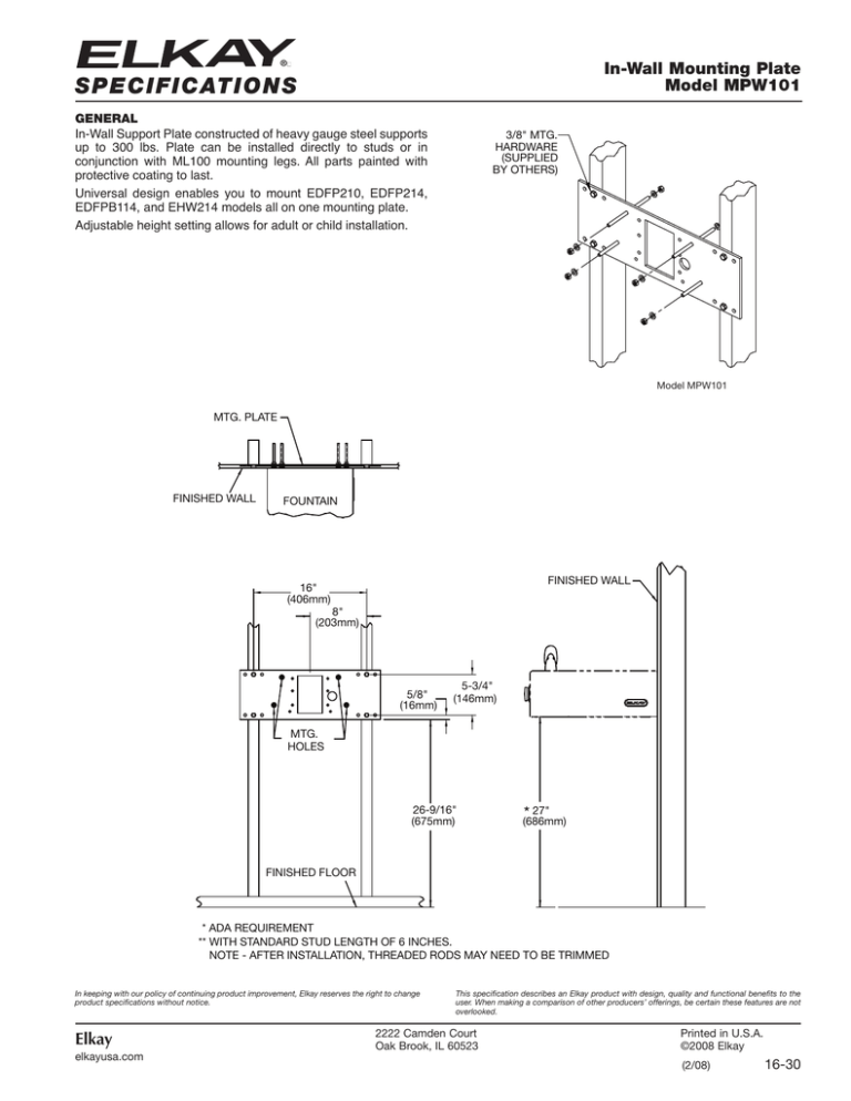 SPECIFICATIONS In-Wall Mounting Plate Model MPW101 SPECIFICATIONS In-Wall Mounting Plate Model MPW101