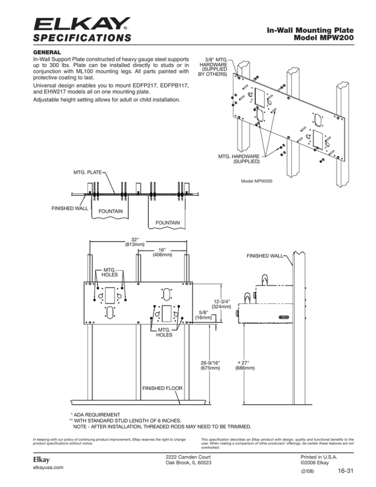 SPECIFICATIONS In-Wall Mounting Plate Model MPW200 SPECIFICATIONS In-Wall Mounting Plate Model MPW200