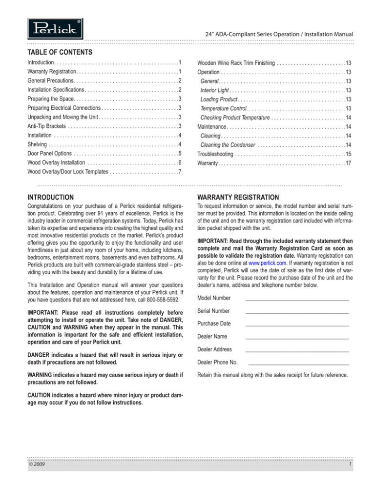Perlick Refrigeration HA24FB Operating instructions Perlick Refrigeration HA24FB Operating instructions