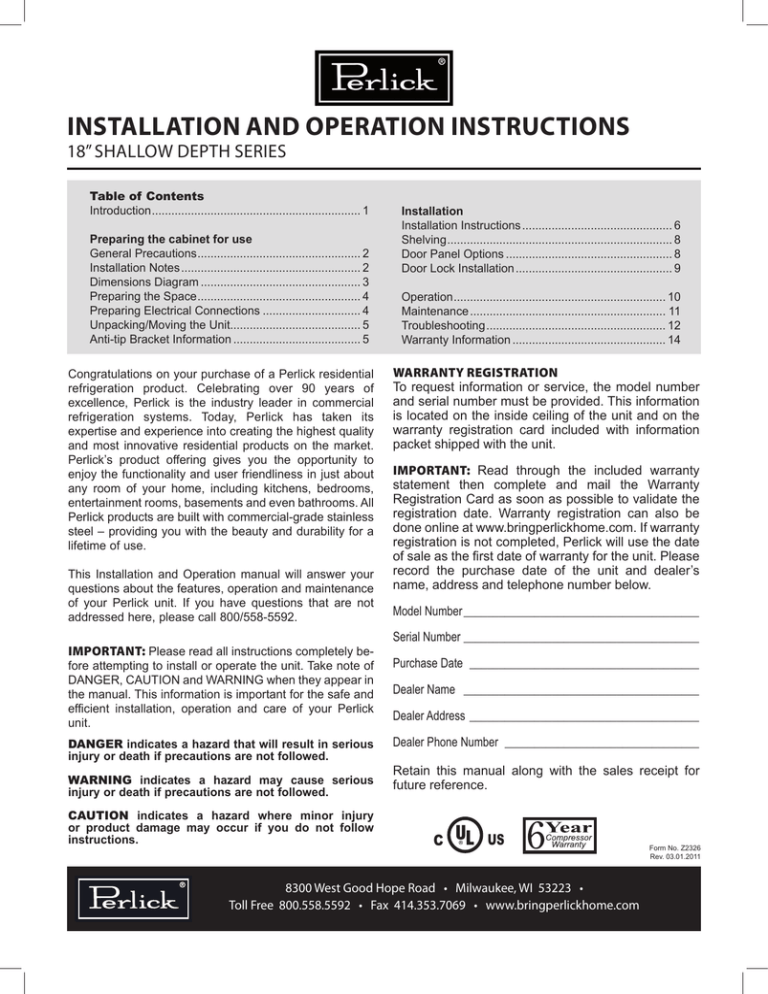 Perlick Refrigeration HH24R Operating instructions Perlick Refrigeration HH24R Operating instructions