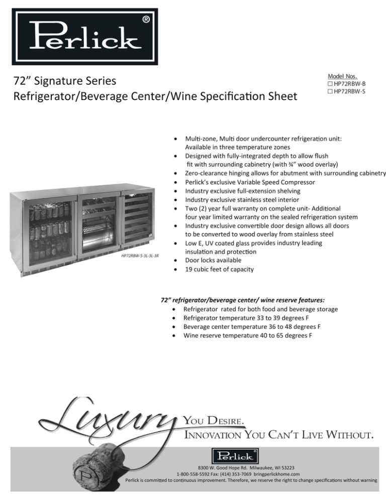 Perlick Refrigeration HP72RBW-B, HP72RBW-S User manual Perlick Refrigeration HP72RBW-B, HP72RBW-S User manual