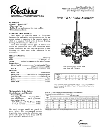 Style "WA" Valve Assembly FEATURES Style "WA" Valve Assembly FEATURES