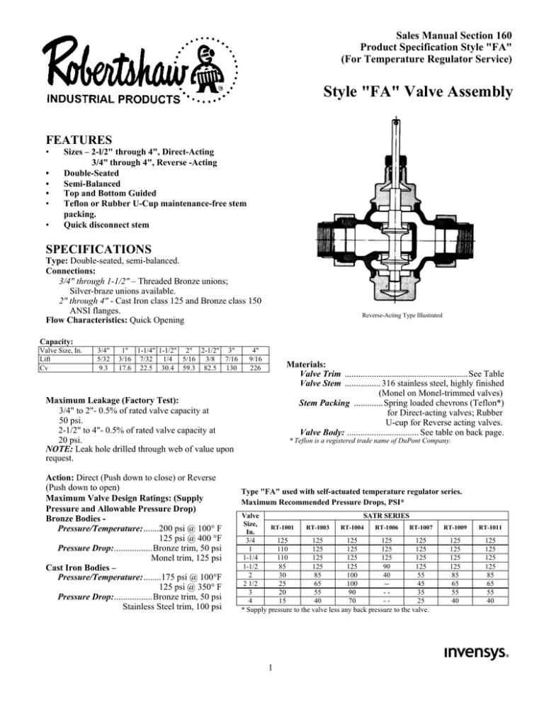 Style "FA" Valve Assembly FEATURES Sales Manual Section 160 Style "FA" Valve Assembly FEATURES Sales Manual Section 160
