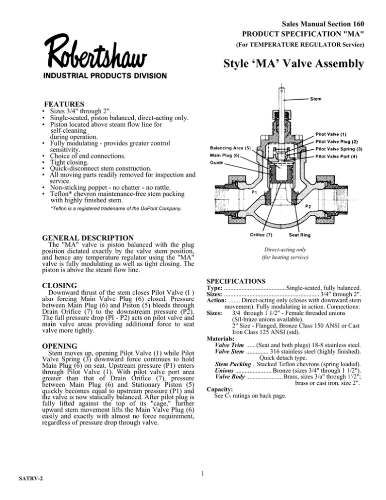 Style ‘MA’ Valve Assembly Sales Manual Section 160 PRODUCT SPECIFICATION "MA" Style ‘MA’ Valve Assembly Sales Manual Section 160 PRODUCT SPECIFICATION "MA"