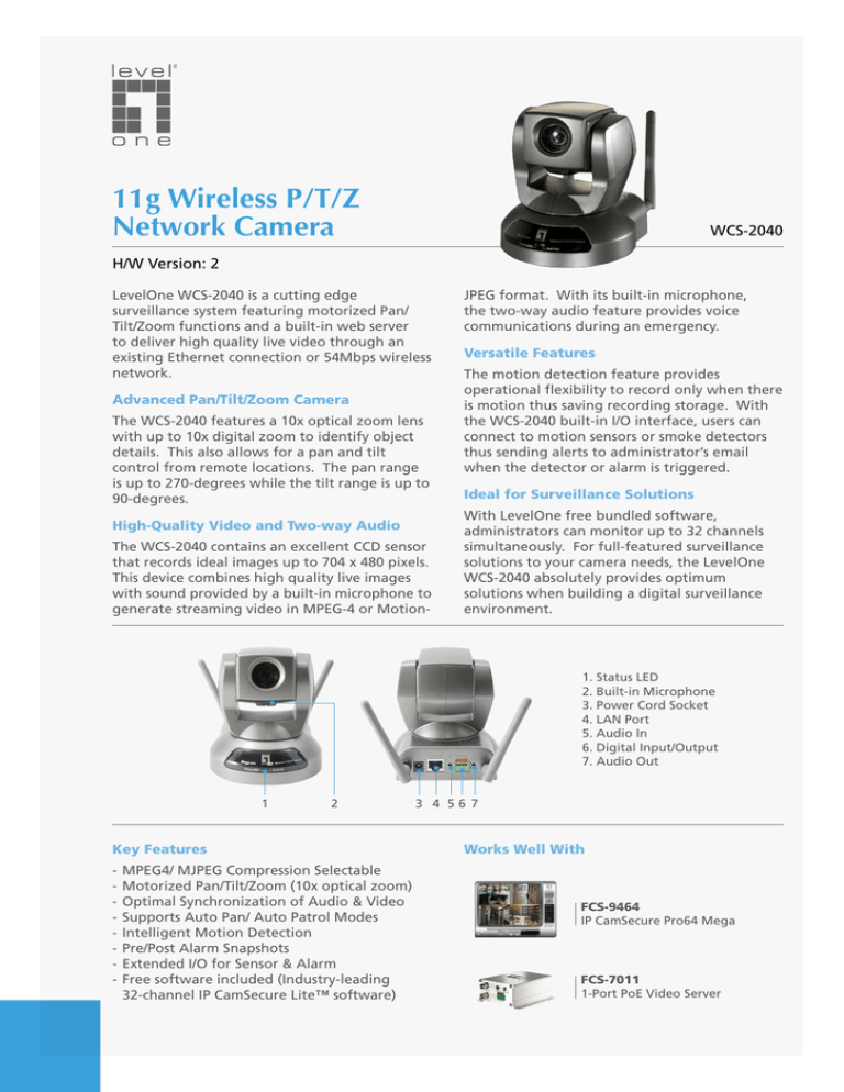 11g Wireless P/T/Z Network Camera WCS-2040 H/W Version: 2 11g Wireless P/T/Z Network Camera WCS-2040 H/W Version: 2