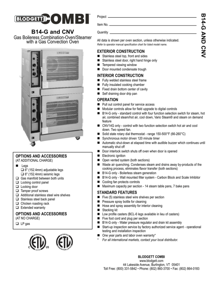 B14-G and CNV B14-G AND CNV Gas Boileress Combination-Oven/Steamer B14-G and CNV B14-G AND CNV Gas Boileress Combination-Oven/Steamer