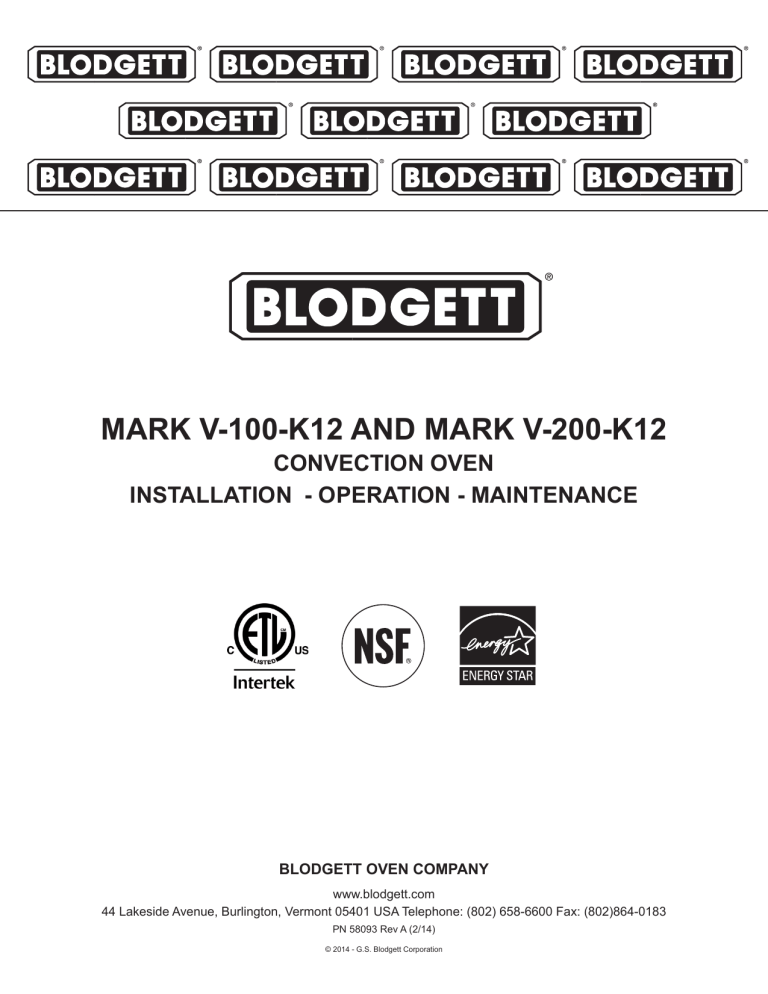 MARK V-100-K12 AND MARK V-200-K12 CONVECTION OVEN BLODGETT OVEN COMPANY MARK V-100-K12 AND MARK V-200-K12 CONVECTION OVEN BLODGETT OVEN COMPANY