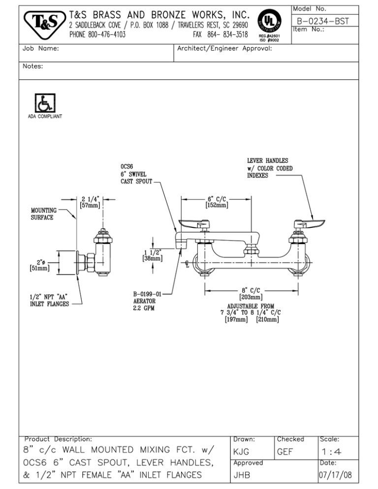 T & S Brass & Bronze Works B-0234-BST User manual T & S Brass & Bronze Works B-0234-BST User manual