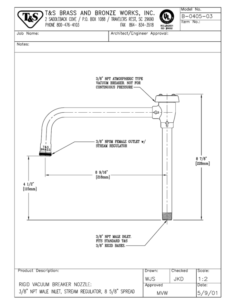 T & S Brass & Bronze Works B-0405-03 User manual T & S Brass & Bronze Works B-0405-03 User manual